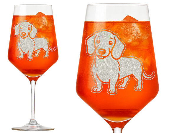 Exoda Dackel Weinglas mit vollgravierter Oberfläche spülmaschinenfest für DackelFans ideal zum entspannten Trinken in geselliger Runde handgefertigt mit sozialer Verantwortung