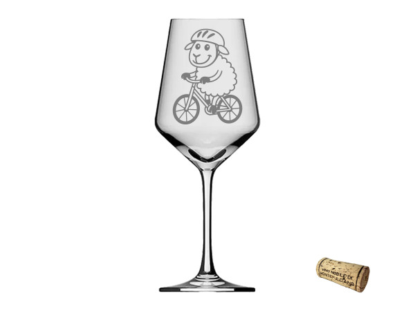 eXODA Weinglas 350ml Puppa Schaf auf dem Fahrrad spülmaschinenfest elegant vielseitig ideal für Wein und Getränke mit sozialer Verantwortung Inklusion Gemeinschaft