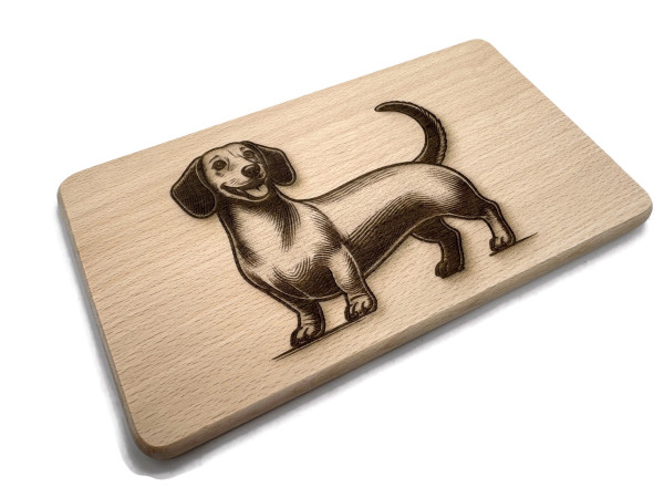 eXODA Dackel Frühstücksbrettchen aus Buchenholz 22 x 12 x 1 cm hellbraun mit witzigem Dackel-Motiv langlebig hitzebeständig geeignetes Geschenk für Dachshund-Fans