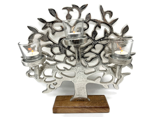 Aluminium Lebensbaum Gläsern für Teelichter auf Mangoholz