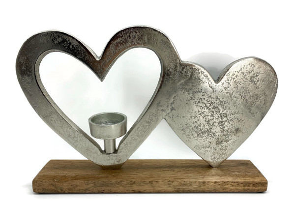 Herz aus Aluminium mit Teelichthalter auf Mangoholz Sockel Deko Design