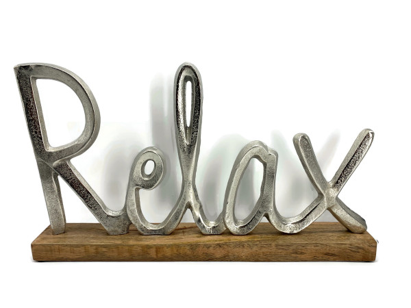 Schriftzug Relax Aluminium auf Mangoholz Sockel Deko Design