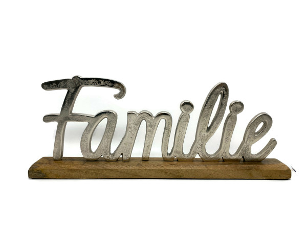 Schriftzug Familie Aluminium auf Mangoholz Sockel Deko Design