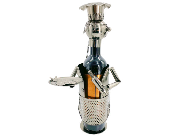 Weinflaschenhalter Metall Figuren Koch Bernd mit Fisch Design Deko