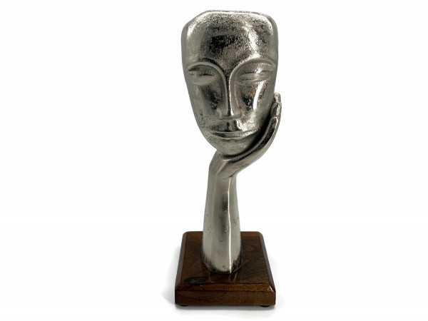 Skulptur Figur Maske In Gedanken Aluminium auf Mangoholz Sockel