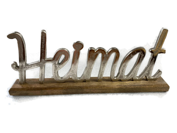 Schriftzug Heimat Aluminium auf Mangoholz Sockel Deko Design