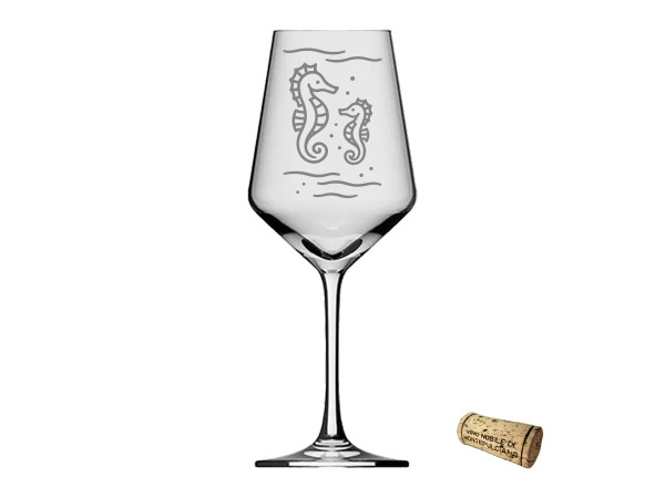 eXODA Weinglas Gravur Seepferdchen mit Baby spülmaschinenfest pflegeleicht maritimes Design 350 ml ideal für gesellige Abende aus Behindertenwerkstätten für entspannte Momente