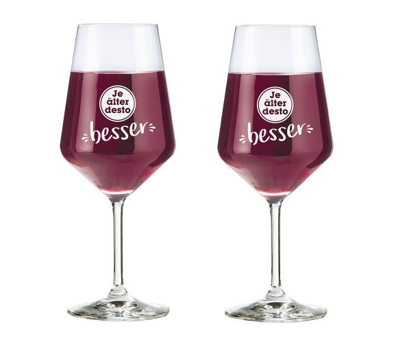 eXODA Weinglas Set aus 2 Gläsern mit Spruch Je älter desto besser