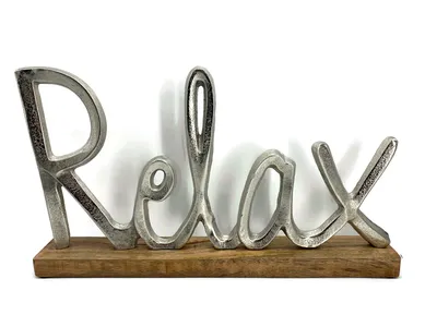 Schriftzug Relax Aluminium auf Mangoholz Sockel tolles Design traumhafte Deko