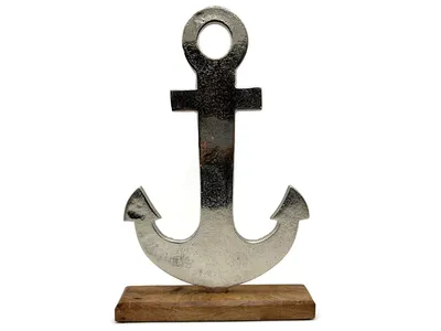 Aluminium Anker Maritimer Look Modell - Ahoi auf echtem Mangoholz 38 cm hoch