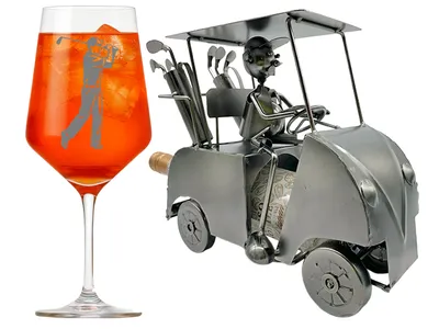 Weinglas mit Gravur Golfer Set mit Weinflaschenhalter und Caddy