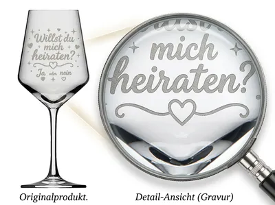 Weinglas Gravur Hochzeit Brautpaar Frage Willst Du mich heiraten