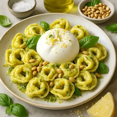 Zitronen-Pesto-Tortellini mit Burrata und gerösteten Pinienkernen