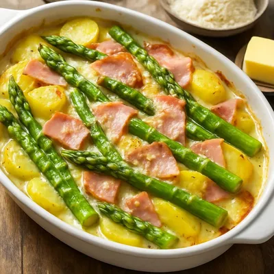 Spargel-Kartoffelauflauf mit Schinken