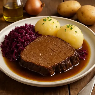 Rinderbraten mit Kartoffelklößen und Rotkohl