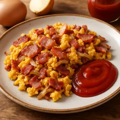 Bauernrührei mit Speck und zuckerfreiem Ketchup