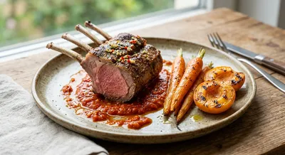 Lammkarree mit orientalisch inspirierter Paprikasauce, Zimt-Möhren und gegrillten Aprikosen