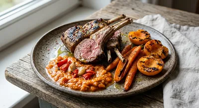Lammkarree mit orientalisch inspirierter Paprikasauce, Zimt-Möhren und gegrillten Aprikosen