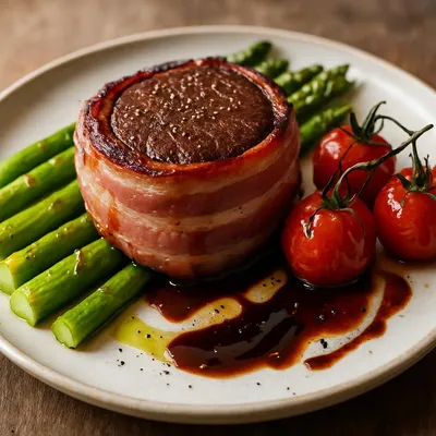 Rinderfilet im Baconmantel mit Spargel und Schmortomaten
