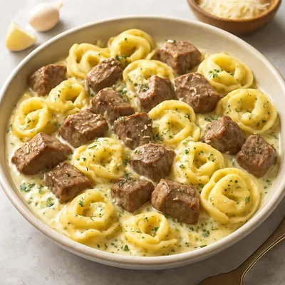 Cremiges Provolone-Knoblauchbutter-Steak mit Tortellini