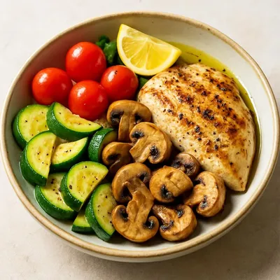 Mediterrane Hähnchen-Pilz-Bowl