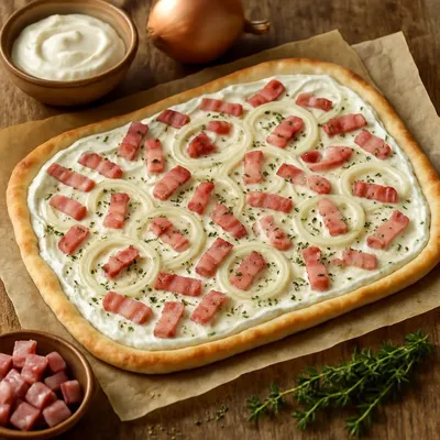 Flammkuchen mit Schinken und Zwiebeln