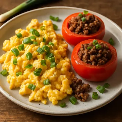 Rührei mit Frühlingszwiebeln und Tomaten gefüllt mit magerem Rinderhack