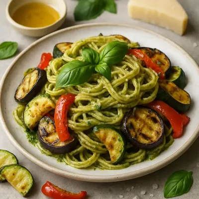 Pasta mit Pesto und gegrilltem Gemüse