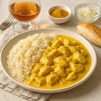 Hähnchen-Curry mit Cognac-Reis