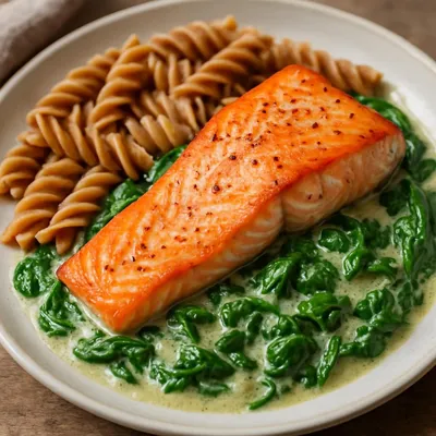 Lachs mit Spinat und Vollkornnudeln