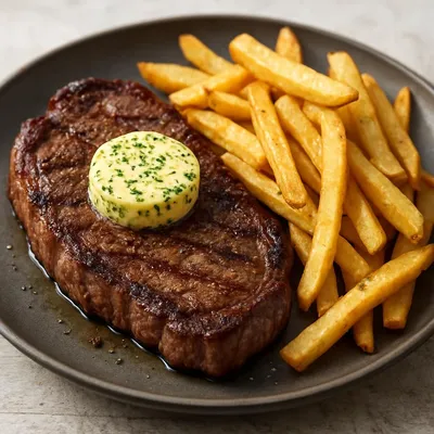 Hüftsteak mit Pommes und Kräuterbutter