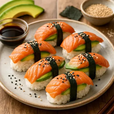 Sushi mit Lachs und Avocado