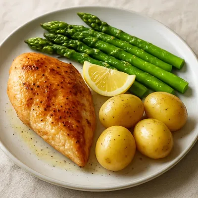 Hähnchen mit grünem Spargel und Pellkartoffeln