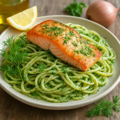 Lachsnudeln mit Kräutersoße