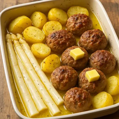 Ofengericht mit Spargel und Frikadellen