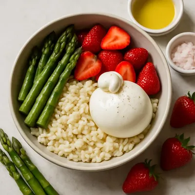 Spargel-Reis-Bowl mit Erdbeeren und Burrata