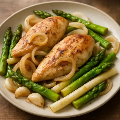 Gebratene Hähnchenbrust mit Zwiebeln und Spargel