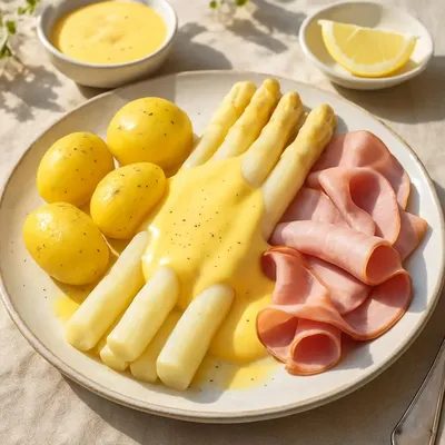 Spargel mit Kartoffeln, Schinken und Sauce Hollandaise