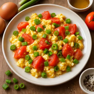 Rührei mit Frühlingszwiebeln und Tomaten