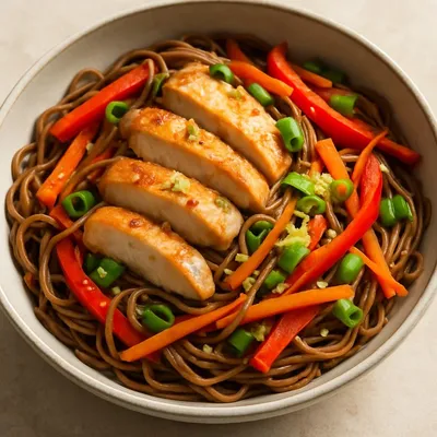Sobanudeln mit Gemüse und Hähnchen