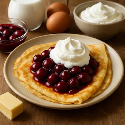 Pfannkuchen mit Kirschen und Sahne
