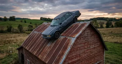 Ungewöhnlicher Verkehrsunfall in Deutschland: Auto landet auf dem Dach einer Scheune